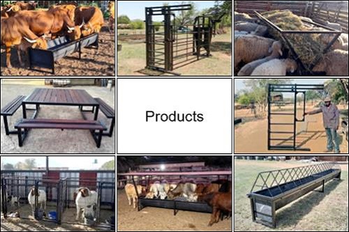 Cattle, sheep, goat, wildlife, feed troughs, water troughs, kraal, neck clamp, chute, picnic tables, burglar bars, security gates