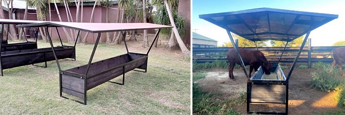 Cattle feed troughs with roofs prevent feed getting wet when it rain