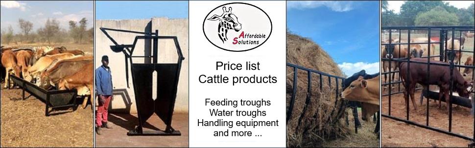 Cattle product cows feeding troughs, neck clamps, bale baskets, kraals, handling equipment