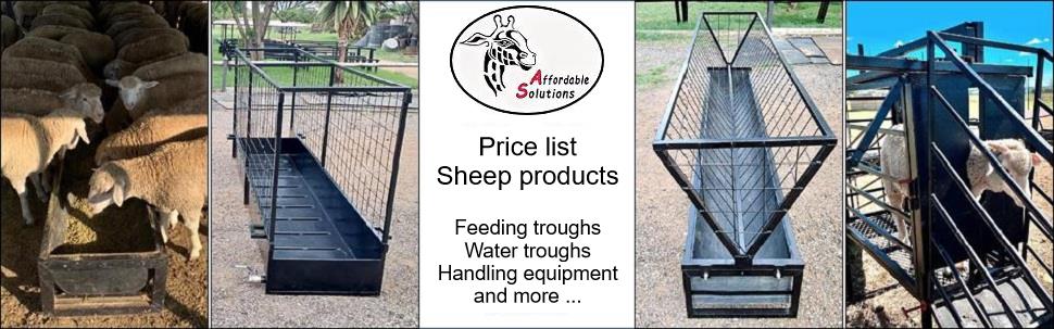 Sheep feed and water troughs, neck clamps, sliding gates, kraals, foot dip, work station