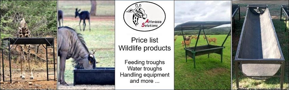 Wildlife feed and water troughs, dip rollers, tick control, salt lick game block stands