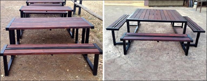 staal raam - 38mm hout planke - tuin tafels - rug leunings