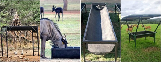 wild - rooibok - koedoe - kameelperd - wildebees - eland - voer bakke, water krippe. dip rollers